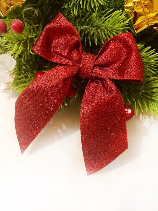 mała kokardka czerwona brokatowa 6x11cm