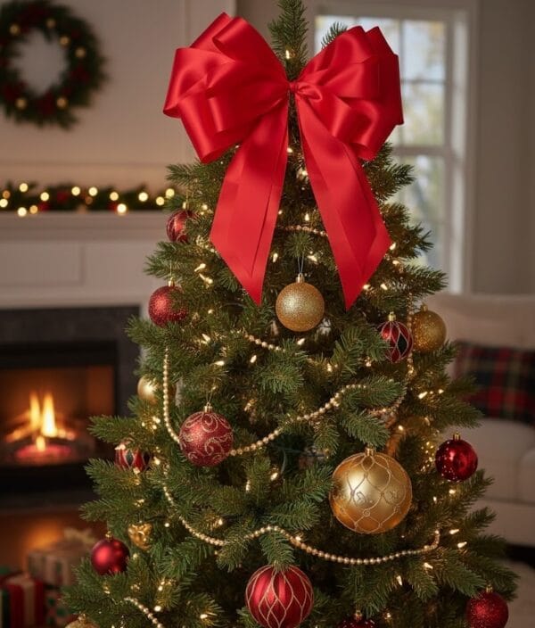 Długa kokarda choinkowa czerwona 35x60