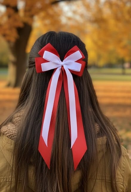 Biało-czerwona spinka do włosów - długa kokardka