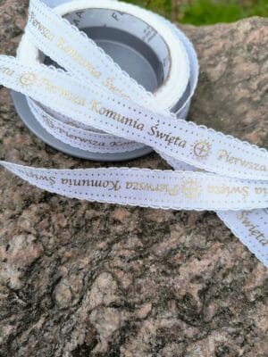 tasiemka tkana Pierwsza Komunia Święta biała złota